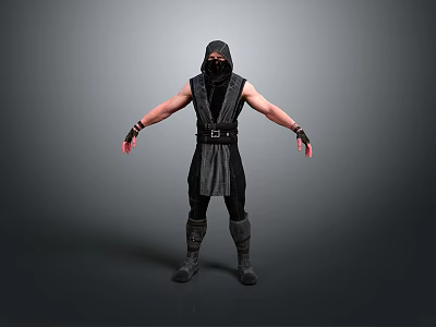Man In Black Ninja Costume With Arms Outstretched On Gray Background 3d model