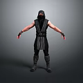 Man In Black Ninja Costume With Arms Outstretched On Gray Background
