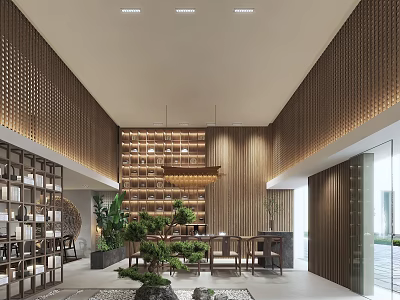 Specialty Store Interior With Wooden Walls Layered Bookshelves Green Plants And Stone Decor 3d model
