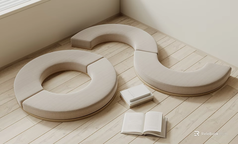 Minimalist Beige Fabric Sofa Stools With Round Design On Wooden Floor And Open Books 3d model 