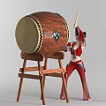 Woman in Red Traditional Costume Playing Large Wooden Drum with Drumsticks