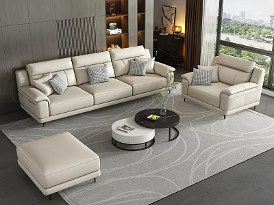 Modern Light Colored Sofa Set In Living Room With Coffee Table Ottoman And Window View 3d model