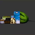 Assorted Fresh Food Selection Featuring Watermelon Grapefruit Milk Soda Pop Donuts And Cupcakes
