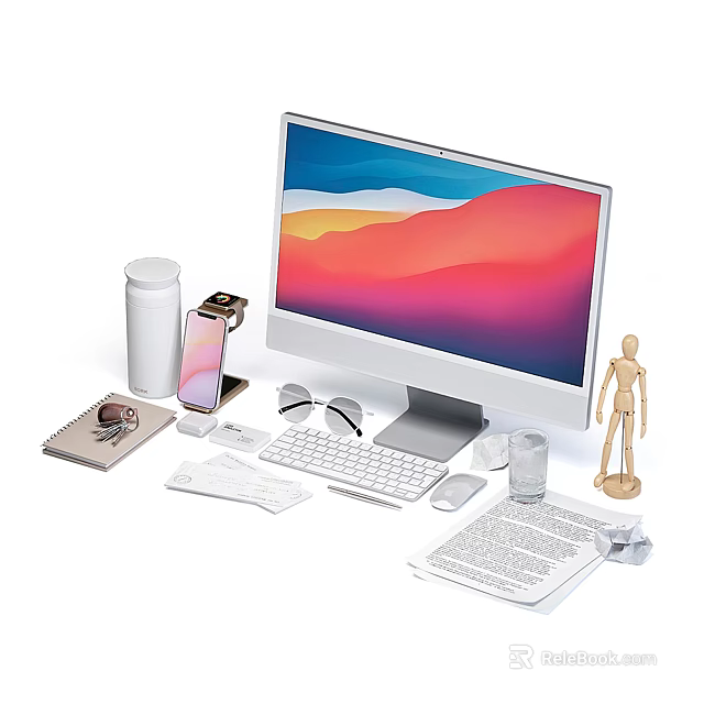 Modern Desk Setup With Computer Monitor Keyboard Smartphone Eyeglasses And Wooden Mannequin 3d model 
