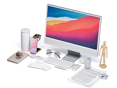 Modern Desk Setup With Computer Monitor Keyboard Smartphone Eyeglasses And Wooden Mannequin 3d model