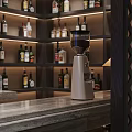 Elegant Dark Decor Bar Interior With Wall Art Bar Counter Wine Shelves And Pendant Lights