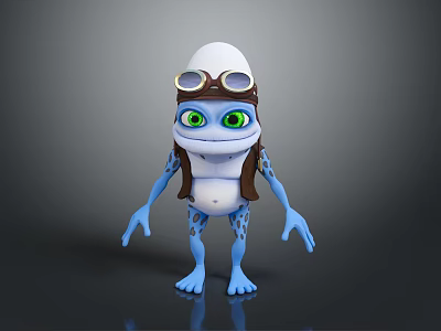 Cartoon Blue Spotted Reptile Pilot Goggles White Helmet Green Eyes Standing On Black Reflective Background 3d model