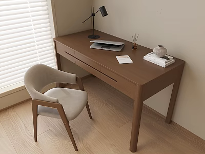 Minimalist Modern Wooden Desk With Laptop Table Lamp Books And Beige Chair By Window Blinds 3d model
