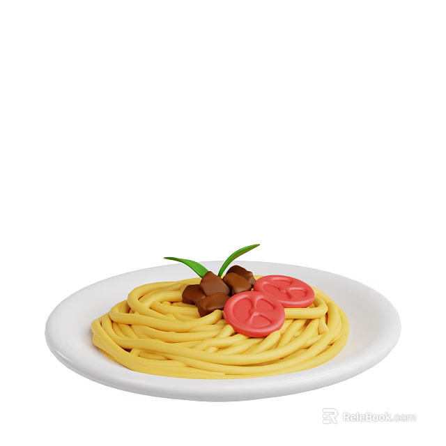 Delicious Spaghetti with Tomato Slices Mushrooms and Green Leaf on White Plate 3d model 