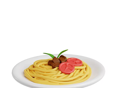 Delicious Spaghetti with Tomato Slices Mushrooms and Green Leaf on White Plate 3d model