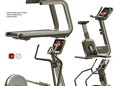Fitness Equipment Collection Featuring Treadmill Elliptical Trainer Exercise Bike And Digital Displays 3d model
