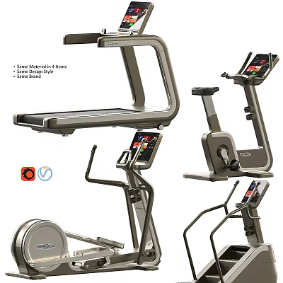 Fitness Equipment Collection Featuring Treadmill Elliptical Trainer Exercise Bike And Digital Displays 3d model
