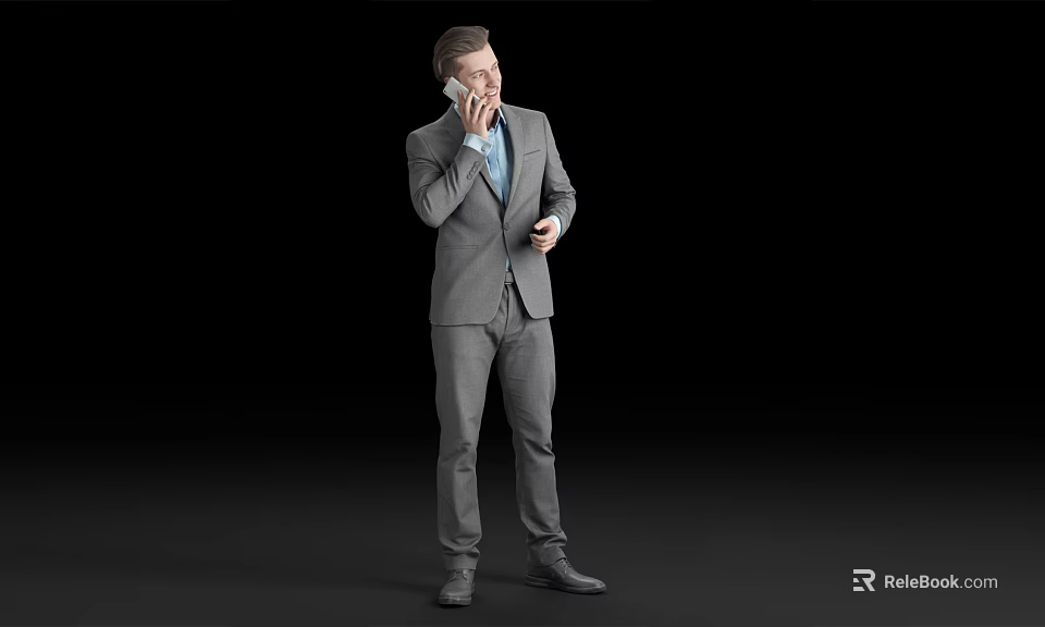 A Man In Gray Suit Talking On Phone While Standing Casually 3d model