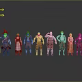 Multiple Red Colored Characters In Various Costumes Standing In A Row With Reflections