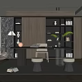 Modern Study Room Interior With Wooden Bookshelves Desk Table Lamp And Green Plant