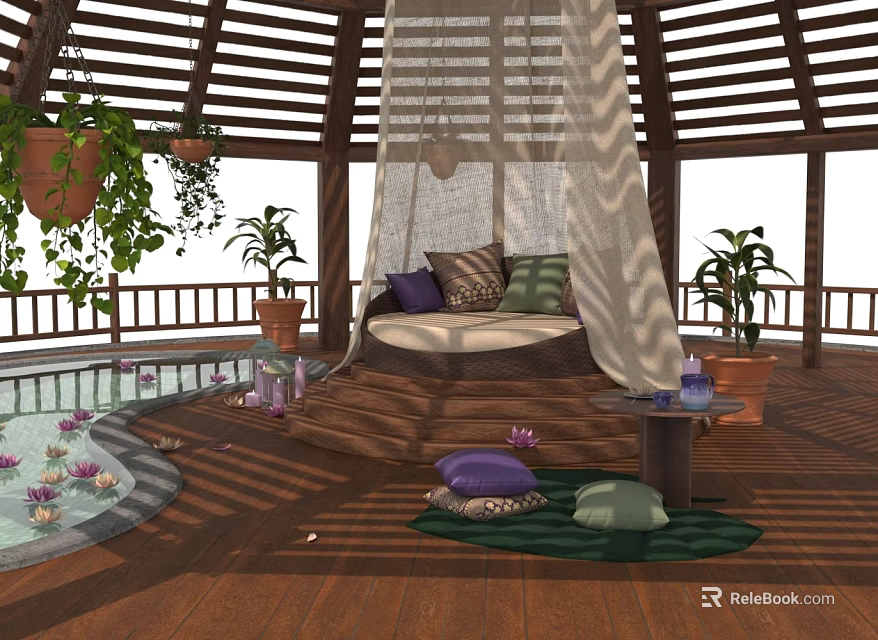 Wooden Gazebo Relaxation Space With Swing Bed Potted Plants And Lily Pool 3d model 