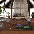 Wooden Gazebo Relaxation Space With Swing Bed Potted Plants And Lily Pool