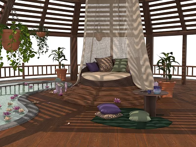 Wooden Gazebo Relaxation Space With Swing Bed Potted Plants And Lily Pool 3d model