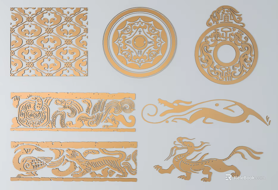 Traditional Chinese Decorative Carvings With Golden Dragon And Mythical Beast Patterns 3d model 