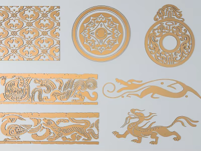 Traditional Chinese Decorative Carvings With Golden Dragon And Mythical Beast Patterns 3d model