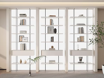 White Open Display Cabinet Interior with Books Framed Photos Decorative Items and Potted Plant 3d model