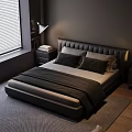 Modern Bedroom Interior With Black Leather Bed Window Blinds Table Lamp And Nightstand