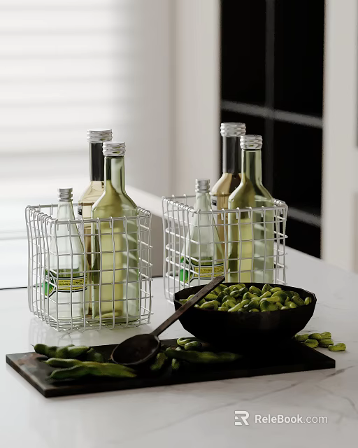 Wire Baskets With Oil Bottles And Black Bowl Of Edamame Beans On Kitchen Countertop 3d model 