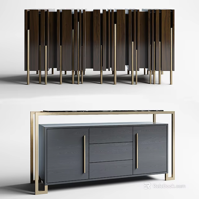 Elegant Modern TV Stand With Dark Gray Cabinet Doors Drawers And Golden Metal Frame 3d model 