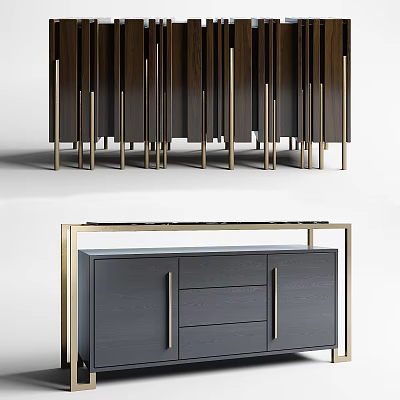 Elegant Modern TV Stand With Dark Gray Cabinet Doors Drawers And Golden Metal Frame 3d model