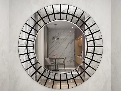 Round Decorative Mirror With Black Geometric Frame Reflecting Modern Dining Kitchen Interior 3d model