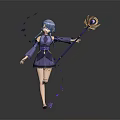 Game Anime Character With Blue Hair Purple Outfit Holding Magic Staff And Purple Butterflies