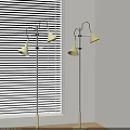 Modern Floor Lamps With Gold Brass Shades And Black Poles Near White Blinds