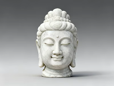 Detailed Marble Buddha Head Sculpture With Curved Hair And Serene Expression 3d model