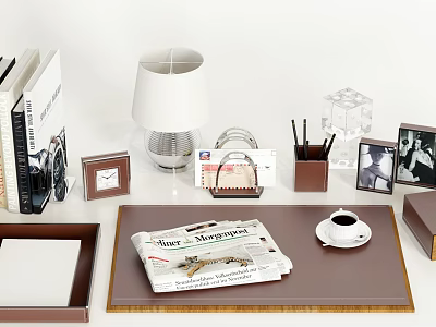 Decorative Ornament Set with Books Table Lamp Photo Frames Newspaper Coffee Cup and Tray 3d model