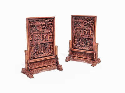 Pair of Traditional Wooden Carved Screens with Intricate Patterns on Ornate Stands 3d model