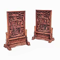 Pair of Traditional Wooden Carved Screens with Intricate Patterns on Ornate Stands