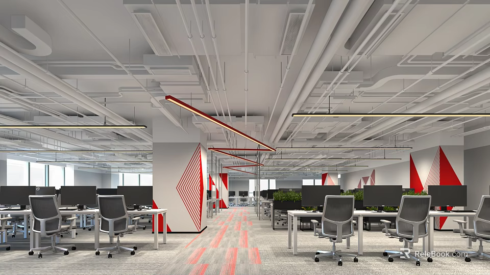 Public Office Space Featuring White Ceiling Pipes Red Decorative Strips Computer Setups Office Desks Chairs 3d model 
