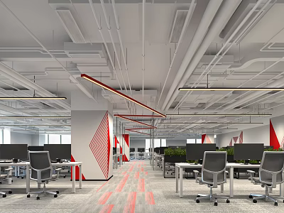Public Office Space Featuring White Ceiling Pipes Red Decorative Strips Computer Setups Office Desks Chairs 3d model