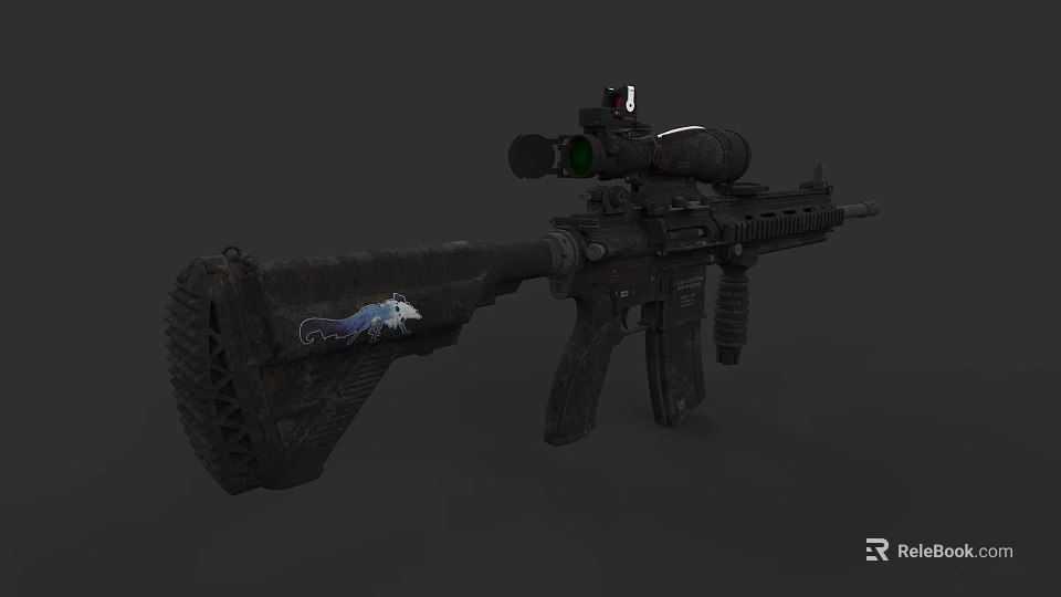 Tactical Military Rifle With Scope And Blue Wolf Graphic On Stock 3d model 