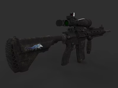 Tactical Military Rifle With Scope And Blue Wolf Graphic On Stock 3d model