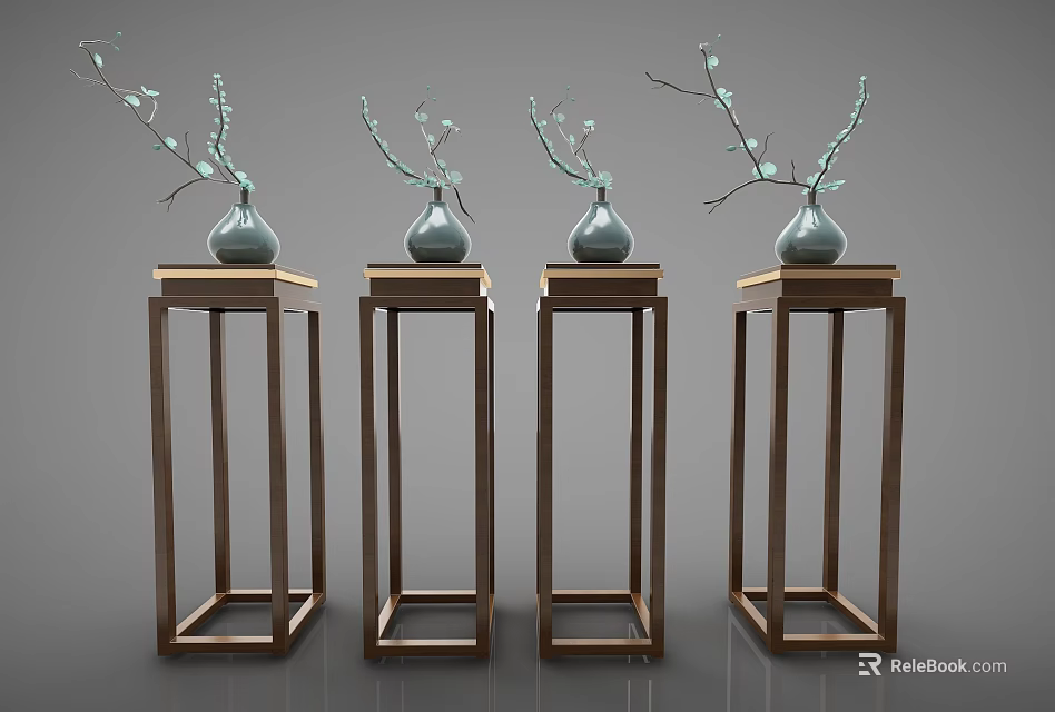 Wooden Chinese Style Flower Tables With Ceramic Vases And Decorative Branches For Home 3d model 