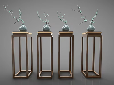 Wooden Chinese Style Flower Tables With Ceramic Vases And Decorative Branches For Home 3d model