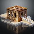 Ancient Building Model With Brick Walls Tiled Roof Windows And Stone Steps