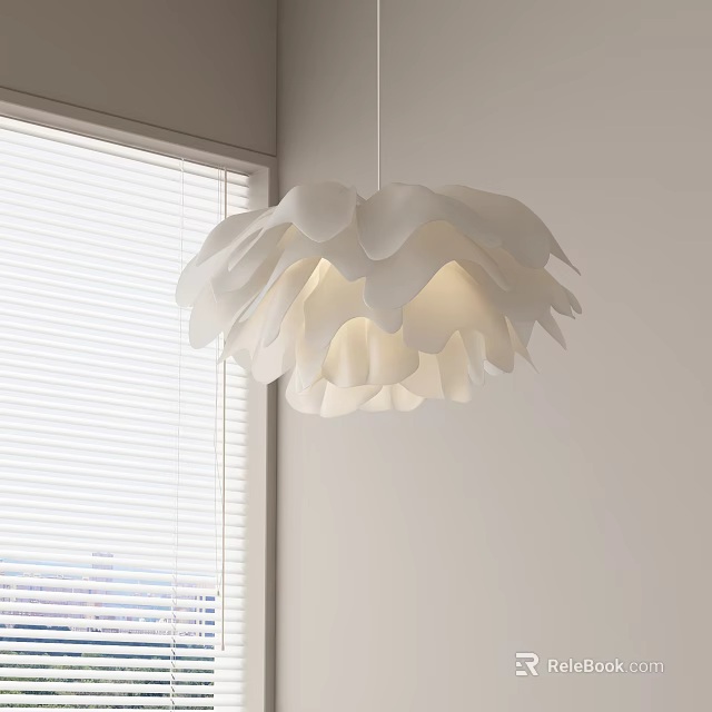 Elegant White Petal Shaped Chandelier Hanging In Interior With Window Blinds 3d model 