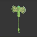 Sculpted Axe Carving With Metal Head Blue Gemstones And Golden Decorations On Handle