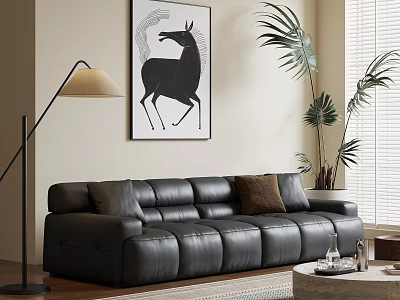 Modern Leather Sofa and Coffee Table Set with Horse Artwork Floor Lamp and Plant 3d model