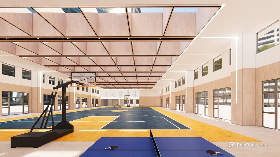Bright Indoor Basketball Gymnasium With Blue Yellow Court And Wooden Ceiling Structure 3d model 