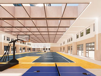 Bright Indoor Basketball Gymnasium With Blue Yellow Court And Wooden Ceiling Structure 3d model