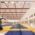 Bright Indoor Basketball Gymnasium With Blue Yellow Court And Wooden Ceiling Structure