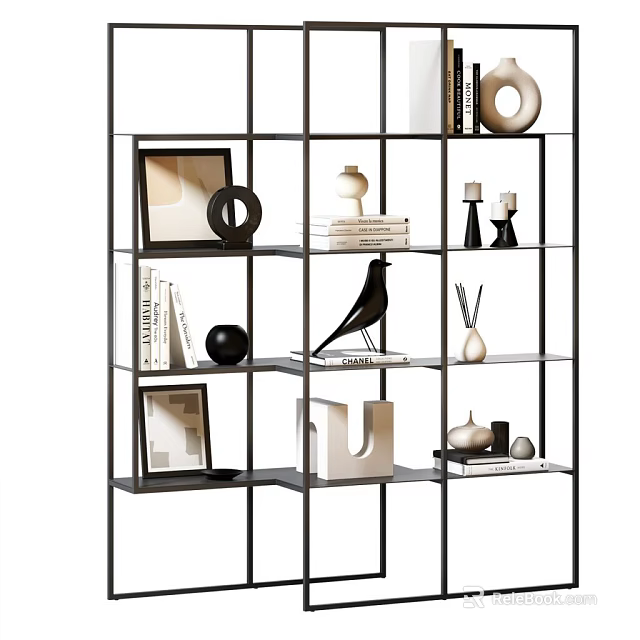 Modern Black Metal Display Shelf With Decorative Items Picture Frames Books And Geometric Ornaments 3d model 